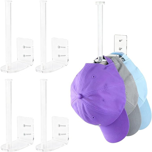 4 Pack Hat Racks for Baseball Caps, Clear Acrylic Hat Organizer Ball Hat Hook for Wall Baseball Cap Wall Mounted Hats Holder Storage Organizer for Door, Closet, Bedroom(Clear 6Inch)