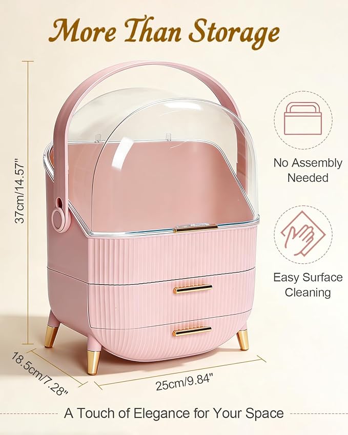Makeup Organizer with Drawers & Lid - Portable Large Cosmetic Storage Case for Vanity Countertop, Travel, Gift for Women, Girls, 11"×7"×15", Pink