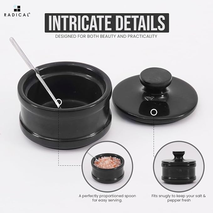 Radicaln marble Salt Cellar Black Handmade salt jar with lid and serving spoon - Elegant sugar container and salt container for kitchen storage