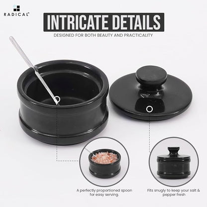 Radicaln marble Salt Cellar Black Handmade salt jar with lid and serving spoon - Elegant sugar container and salt container for kitchen storage