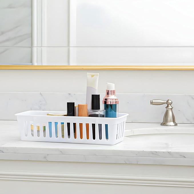 12 Pack Slim Plastic Storage Baskets Tray for Organizing 10.23 X 2.36 X2.28 Inch Stackable Small Narrow Storage Bins White Pencil Organizer Basket for Classroom Office Desk Garage Cabinet Containers