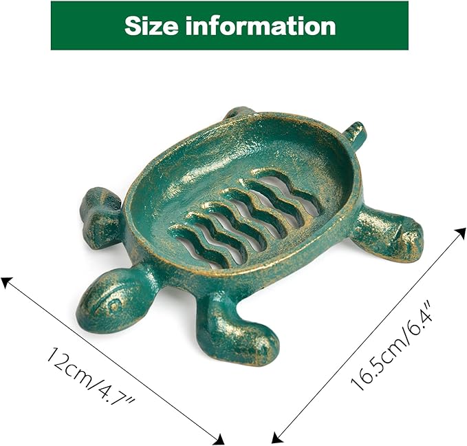 Sungmor Heavy Duty Cast Iron Drainable Soap Holder - Lovely Tortoise Shaped & Antique Green & Gold Finish - Kitchen Bathroom Sink Soap Dish Tray - Practical & Decorative Tabletop Soap Box Container