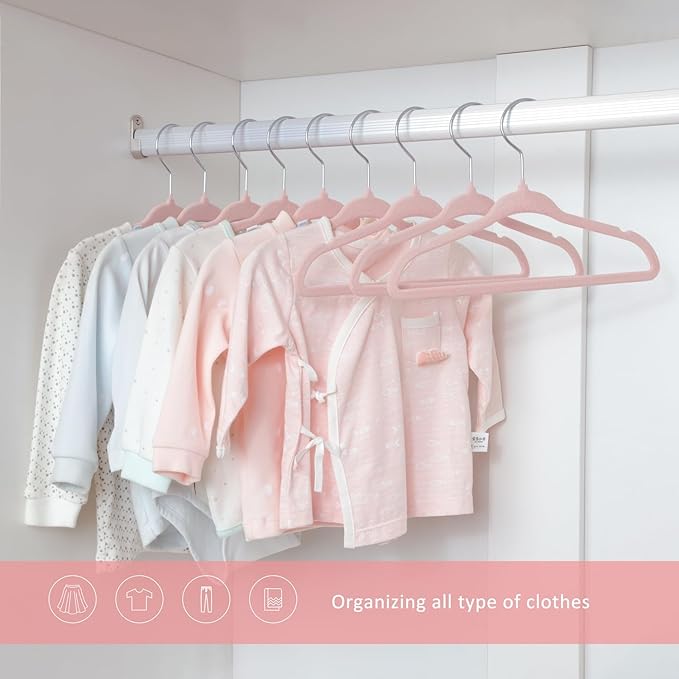 ManGotree Velvet Baby Clothes Hangers, Baby Toddler Kids Hangers with Swivel Hook, Notched Shoulder Design for Kids and Children Clothes (30 Pack, Light Pink)