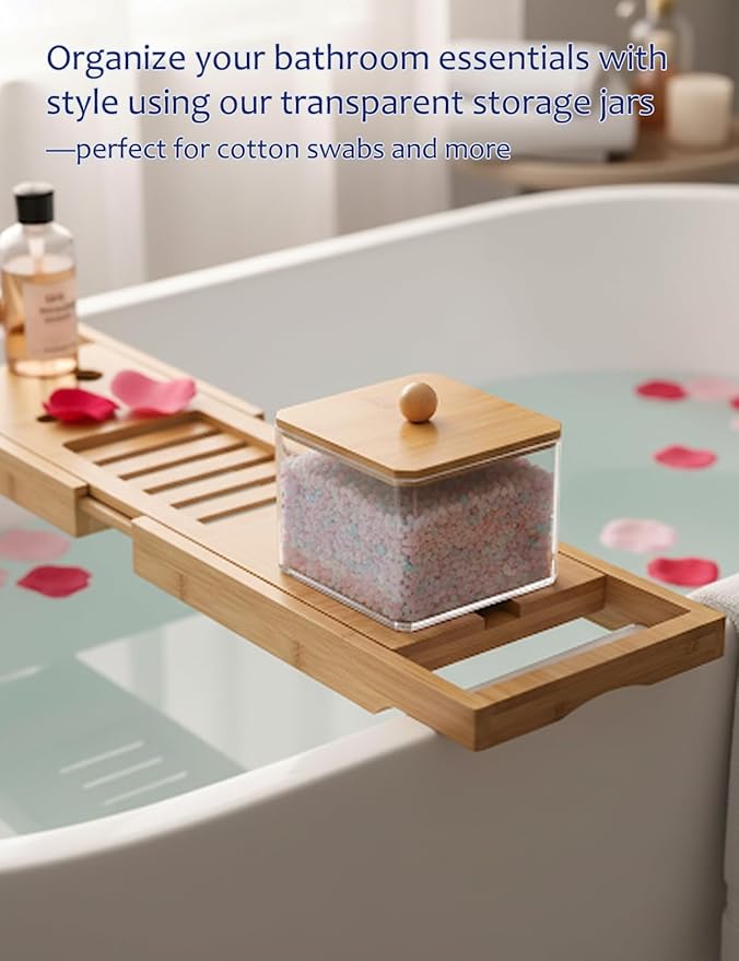 Cotton Swab Holder with Bamboo Lid, Single Layer Cotton Bud Dispenser, Premium Plastic Organizer for Guest Bathroom Vanity, Floss Pick & Hair Tie Storage Container
