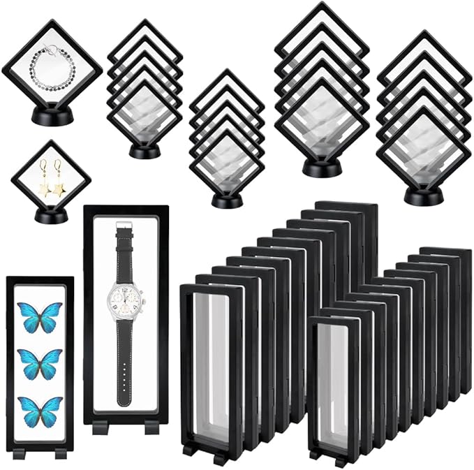 40 PCS Floating Display Case, 3D Challenge Coin Display Holder Frames with Stands, Transparent PE Jewelry Storage Box for Butterfly, Medallion, Shells, Gems, Pins, Specimen (Black)