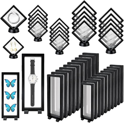 40 PCS Floating Display Case, 3D Challenge Coin Display Holder Frames with Stands, Transparent PE Jewelry Storage Box for Butterfly, Medallion, Shells, Gems, Pins, Specimen (Black)