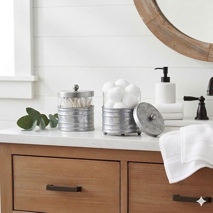Autumn Alley Galvanized Bathroom Apothecary Jars Set, Farmhouse Bathroom Jars Qtip Holder Glass Dispenser- Rustic Vanity Organizer with Lids for Cotton Balls, Swabs, Rounds, Bath Salts 2-Glass Jars