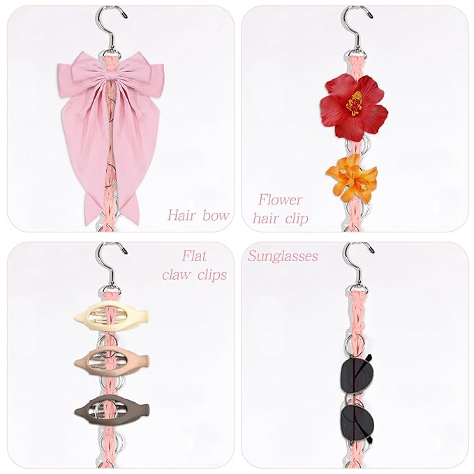 SNOWSTAR Macrame Hair Claw Clip Organizer with Rotating Hook and 20 Metal Rings,Hanging Hair Clip Holder and Storage for Women Girls,Claw Clips Hanger Home Decor for Wall,Door,Closet (Pink1PCS)