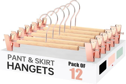 Wooden Pants Hangers with Clips 12 Pack, Heavy Duty Adjustable Clip Non Slip Skirt Hanger for Jeans, Trousers, Short, Clothes, Space Saving Closet Organizer (Rose Gold, 12 Pack)