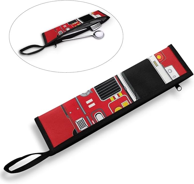 COEQINE Car Themes Travel Silverware Case Red Fire Truck Cartoon Flatware Organizer Case With Zipper Portable Handles Travel Frok Spoon Knife Case for Work