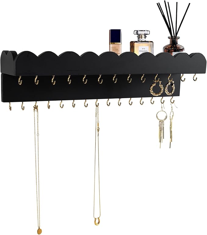 Wall Mount Jewelry Organizer with 28 Hooks and Cosmetics Shelf, Modern Wood Hanging Jewelry Holder for Necklaces, Bracelets, Earrings and Rings, Black