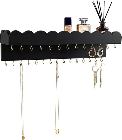 Wall Mount Jewelry Organizer with 28 Hooks and Cosmetics Shelf, Modern Wood Hanging Jewelry Holder for Necklaces, Bracelets, Earrings and Rings, Black