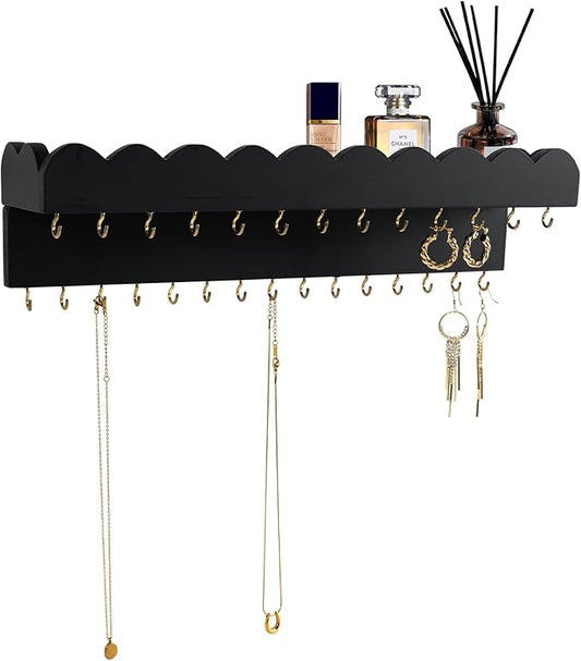Wall Mount Jewelry Organizer with 28 Hooks and Cosmetics Shelf, Modern Wood Hanging Jewelry Holder for Necklaces, Bracelets, Earrings and Rings, Black