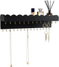 Wall Mount Jewelry Organizer with 28 Hooks and Cosmetics Shelf, Modern Wood Hanging Jewelry Holder for Necklaces, Bracelets, Earrings and Rings, Black