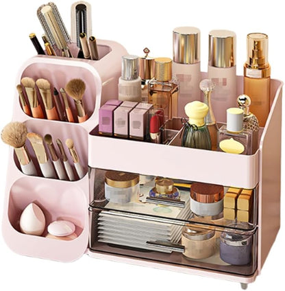 Makeup Organizer with Drawer, Skincare Products Perfume Desk Storage Box, Beauty Holder Rack for Lipstick Brush Eyeliner, Cosmetic Display Case for Dresser Countertop & Bathroom Vanity (Pink)