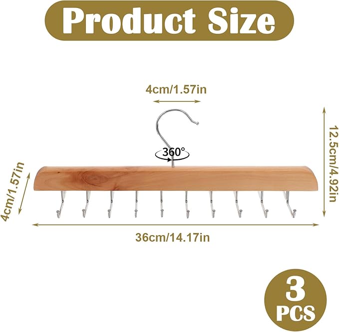 3 Pack Tie Rack Belt Hanger for Closet Fitnice Upgraded Non Slip Tie Hanger Space Saving with 20 Foldable Hooks Wooden Belt Organizer for Tank Tops Bras Cami Scarves