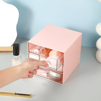 MILULUGO Makeup Organizer with 4 Drawers, Desk Organizer, Cosmetics Storage Box for nail polish, Lipstick, Brushes, Jewelry, Skincare, Bathroom Organization Boxes - Pink