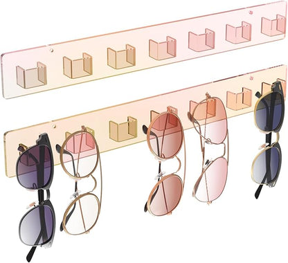 MaxGear Sunglasses Organizer Wall Mount, 2-Pack Acrylic Eyewear Display Holder with 14 Slots, Sunglasses Storage, Includes Adhesive Tape & Screws, Wall Mounted Shelf for Closet, Cabinet, Iridescent