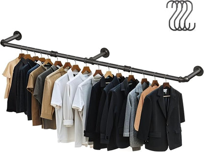 Aduanbang 64.9in Industrial Pipe Wall Mounted Clothes Rack, Heavy Duty Detachable Iron Garment Bar, Rustic Space-Saving Hanging Rod for Bedroom, Closet – Black