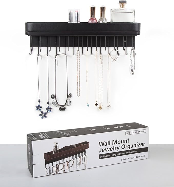 J JACKCUBE DESIGN Necklace Holder Wall Mounted Jewelry Organizer for Bracelet, Earrings and Rings with 25 Hooks - Gothic Room Decor Bedroom Shelf Rack (Black) - MK124B