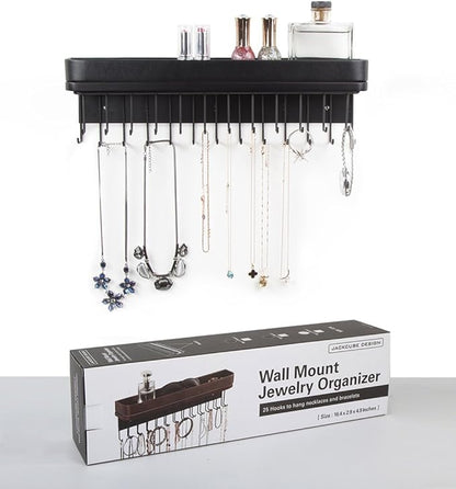 J JACKCUBE DESIGN Necklace Holder Wall Mounted Jewelry Organizer for Bracelet, Earrings and Rings with 25 Hooks - Gothic Room Decor Bedroom Shelf Rack (Black) - MK124B