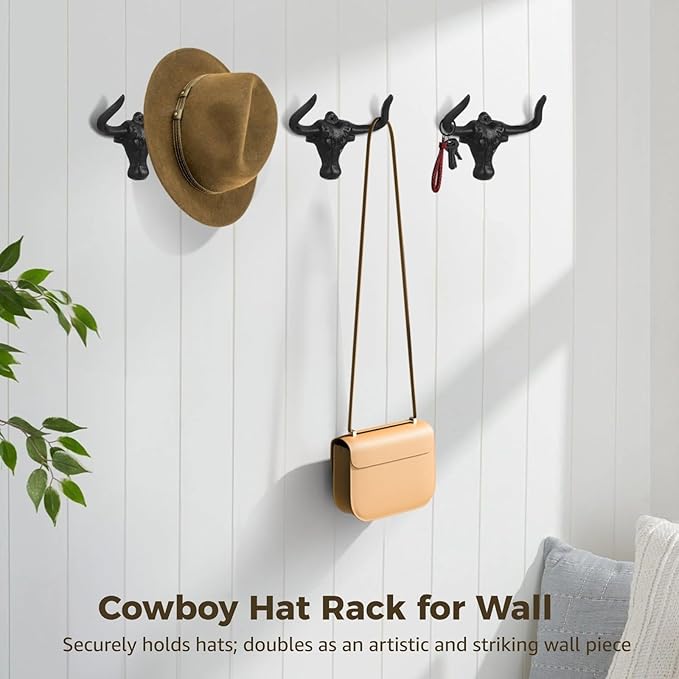Homaisson 4 PCS Cowboy Hat Rack for Wall, Cast Iron Bull Head Hook with Longhorn, Vintage Hat Holder, Rustic Wall Coat Hanger