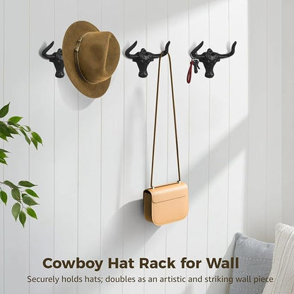 Homaisson 4 PCS Cowboy Hat Rack for Wall, Cast Iron Bull Head Hook with Longhorn, Vintage Hat Holder, Rustic Wall Coat Hanger