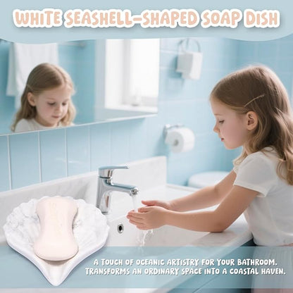 ZAWUU Resin Draining Seashell Soap Dish with Embossed Design – Bar Soap Holder for Bathroom & Kitchen, Multiuse Jewelry Tray (White Marble, Seahorse)