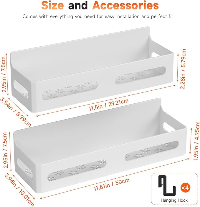 Sevenblue 2 Pack Strong Magnetic Spice Rack for Refrigerator, Multipurpose Magnetic Shelf for Fridge with 4 Hooks for kitchen and Bathroom Organization, White