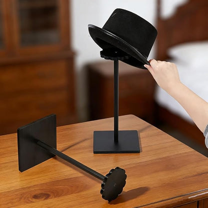 OLYCRAFT 2Pcs Black Wooden Hat Display Stand with Square Base Vintage Wooden Hat Holder Solid Wood Hats Holder Stand Rack Tabletop Helmet Stand Tabletop Hats Display Rack for Home Store Shelf Decor