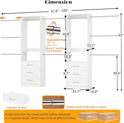 Closet System with 2 Set, 4FT-15FT Closet Organizer System with 6 Wooden Drawers Walk-in Closet Storage System with 10 Expandable Hanging Rods Garment Rack Wall Mount White