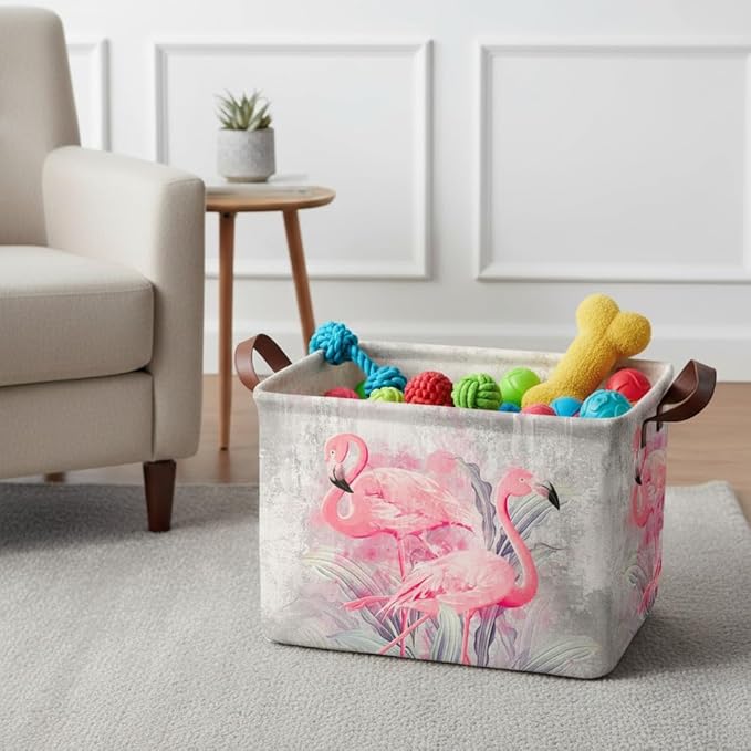 Flamingo Storage Basket Waterproof Canvas Toy Storage Bin Home Flamingo Decor Collapsible Outdoor Basket with Leather Handles Flamingos Gifts Blanket Baskets For Closets,Bedrooms,Bathroom