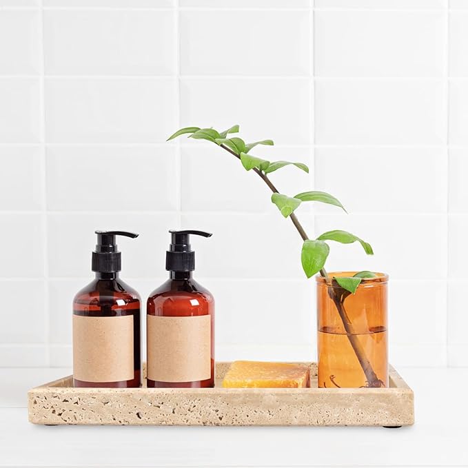 Marble Bathroom Vanity Tray, Natural Luxury Vanity Home Kitchen Bathroom Table Tray, Stone Decorative Countertop Dresser Trays for Key Coffee Perfume Jewelry Makeup (Travertine, 12"x 8" x1.2")
