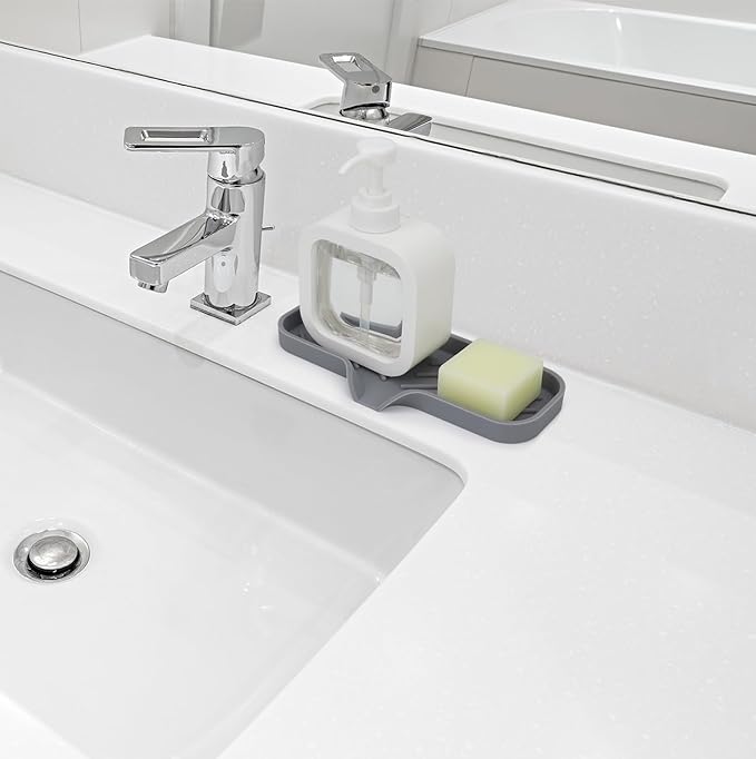 Silicone Bathroom Soap Dishes, Sponge Holder for Kitchen Sink, Shower Soap Holder with Drain, Soap Dispenser Tray, Soap Dish for Bottle, Cup, Sink or Counter Organizer - Gray 9" x 3.15"