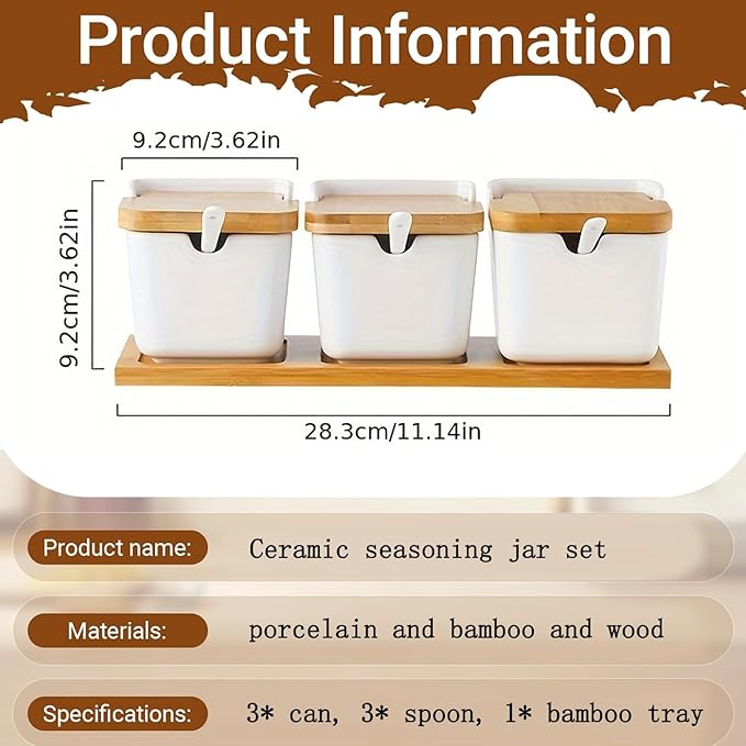 Ceramic Seasoning Jars Spice Containers with Lids, Flip Top Condiment Spice Food Storage Containers - Perfect Sugar Bowl, for Bowl, Chili, Spices, 9.4 Ounces, Set of 3 Jars, for Kitchen, Counter