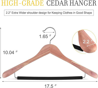 TOPIA HANGER Unfinished American Red Cedar Wood Coat Suit Hangers, Luxury Wooden Jacket Clothes Hangers, Wide Shoulder with Black Padded Pant Bar- 360°Flexible Hook, 4 Pack- Natural- CT07W