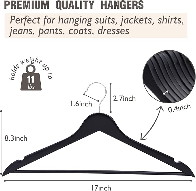 Solid Wooden Hangers 30 Pack, Wood Suit Hangers with Extra Smooth Finish, Precisely Cut Notches & Chrome Swivel Hook, Wooden Clothes Hangers for Shirt Coat Jacket Dress, Black