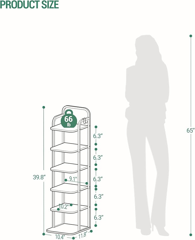 Hzuaneri 6 Tiers Vertical Shoe Rack, Narrow Shoe Tower, Tall Shoes Shelf with 2 Hooks, Adjustable Shelves, Corner Shoes Shelves for Small Spaces, Entryway, Living Room, White SR04213W