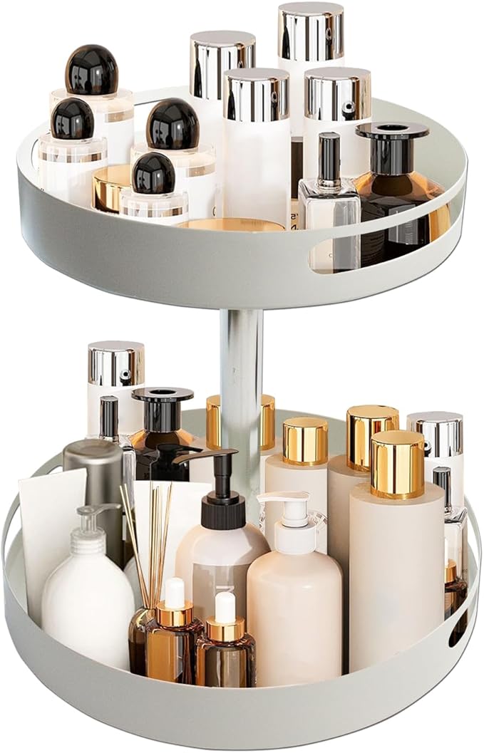 360° Rotating Bathroom Countertop Organizer, Metal Makeup Organizer for Vanity,2-Tier Spinning Storage Tray for Bathroom,Kitchen,Living Room,Multi-Purpose Countertop Shelf,White Lazy Susan