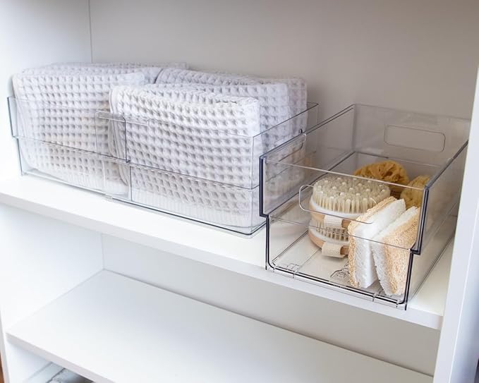 Isaac Jacobs 2-Pack Clear Expandable Storage Bins - Large, 11"-19" L x 7.8" W x 5.8" H, Plastic Organizer with Cut-Out Handles, Adjustable Length from 11-19" for Home, Kitchen & Office