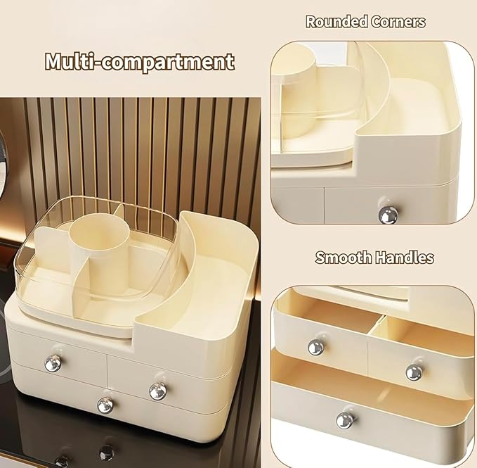 Cosmetic Organizer with 3 Drawers, Makeup Storage Display Case, White Vanity Beauty Container, Chrome Knobs