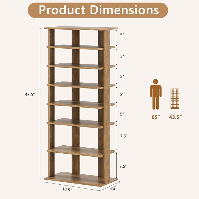Giantex 8-Tier Wooden Shoe Rack, Patented Double Row Shoe Organizer for 16 Pairs, Customizable Height, Space-Saving Shoe Storage Stand for Entryway, Hallway, Living Room, Bedroom, Natural