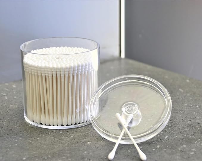 Acrylic Makeup Organizer Cosmetic Storage Display Case Makeup Brush Cotton Ball Pads Swab Q-tip Holder Lipstick Dispenser Canister Bathroom Container (3.7x3.7x3.9in, 1 Box, Clear)