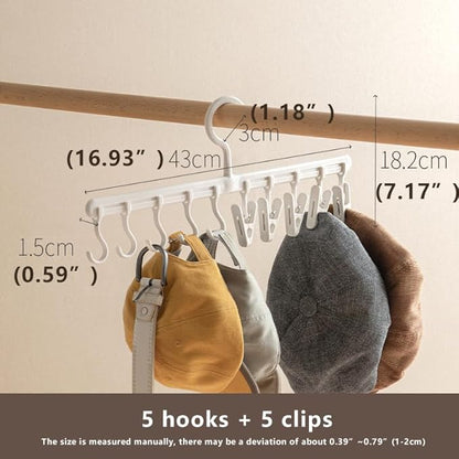 Hat Hangers for Closet, 360 Rotating Hat Organizer Racks for Baseball Caps Door Hat Racks for Baseball Caps, Baseball Hat Holder for Closet Storage, Fits All Caps-White (5 Clips + 5 Hooks)