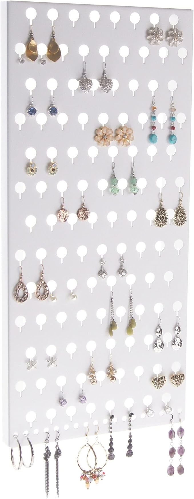 Angelynn's Wall Mounted Earring Holder Organizer Display for Small and Medium Women Post Stud Dangle Pierced Earrings, Hanging Closet Jewelry Storage Rack, Michelle White 9" x19 3/4"