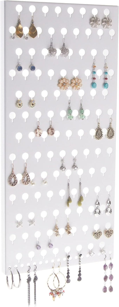 Angelynn's Wall Mounted Earring Holder Organizer Display for Small and Medium Women Post Stud Dangle Pierced Earrings, Hanging Closet Jewelry Storage Rack, Michelle White 9" x19 3/4"