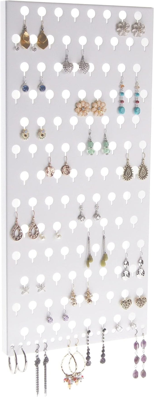 Angelynn's Wall Mounted Earring Holder Organizer Display for Small and Medium Women Post Stud Dangle Pierced Earrings, Hanging Closet Jewelry Storage Rack, Michelle White 9" x19 3/4"