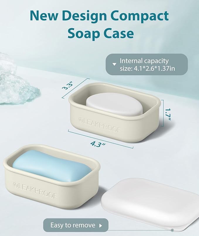 Quatish Compact Leakproof Travel Soap Case, Silicone Soap Box with Draining Layer, Enhanced Soap Container, Suitable for Camping, Gym, Bathroom, Outdoor Essentials, Beige