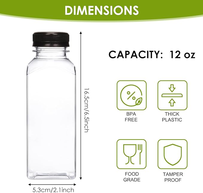 Moretoes 6pcs 12oz Plastic Juice Bottles with Caps, Clear Empty Reusable Water Bottles, Disposable Beverage Containers Bulk for Juicing Smoothies Turmeric Juice Milk and Other Beverages