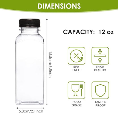Moretoes 6pcs 12oz Plastic Juice Bottles with Caps, Clear Empty Reusable Water Bottles, Disposable Beverage Containers Bulk for Juicing Smoothies Turmeric Juice Milk and Other Beverages